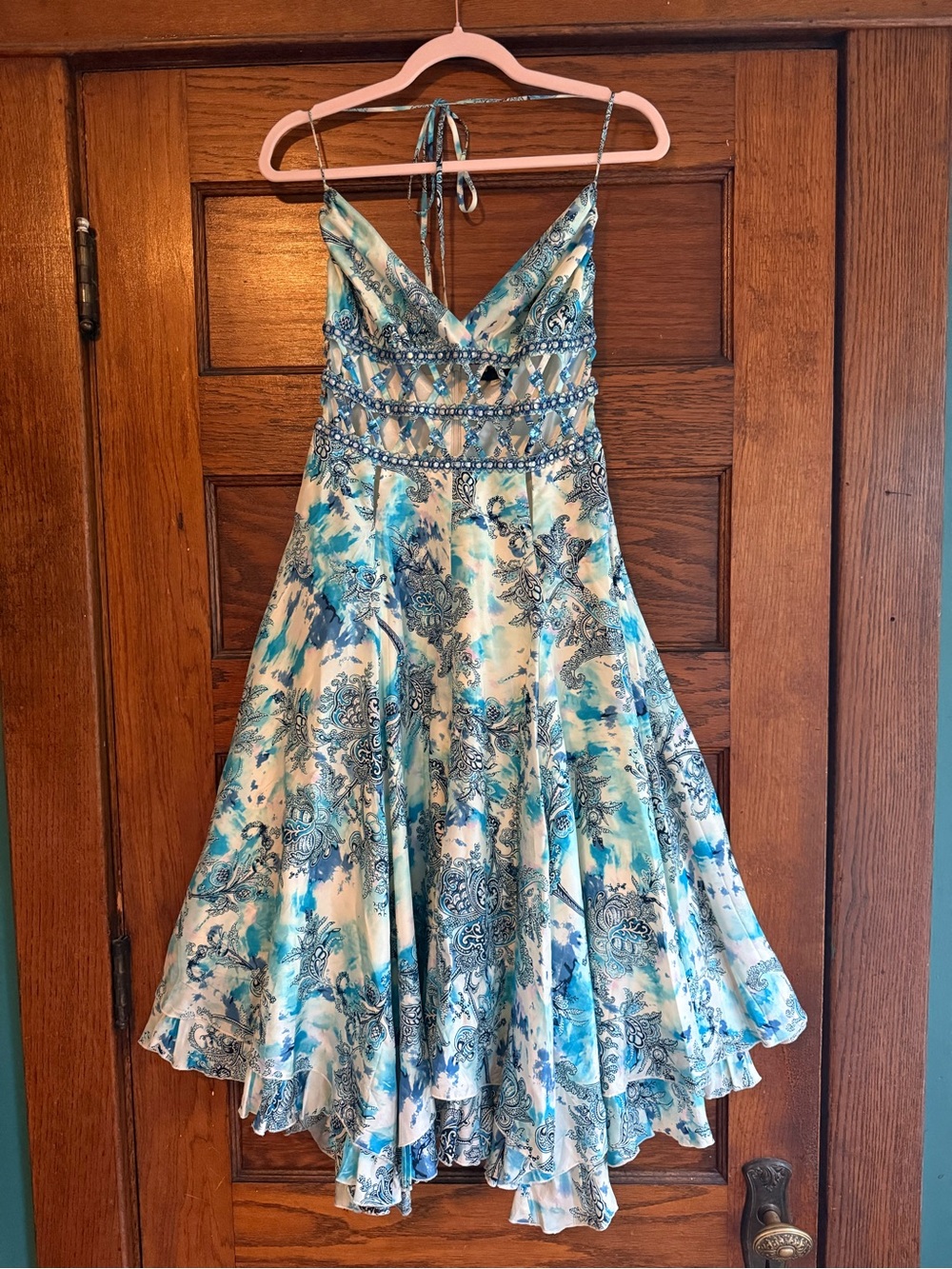 VINTAGE Y2K 100% Silk Embellished Handkerchief Hem Midi Dress V Neck Paisley 4